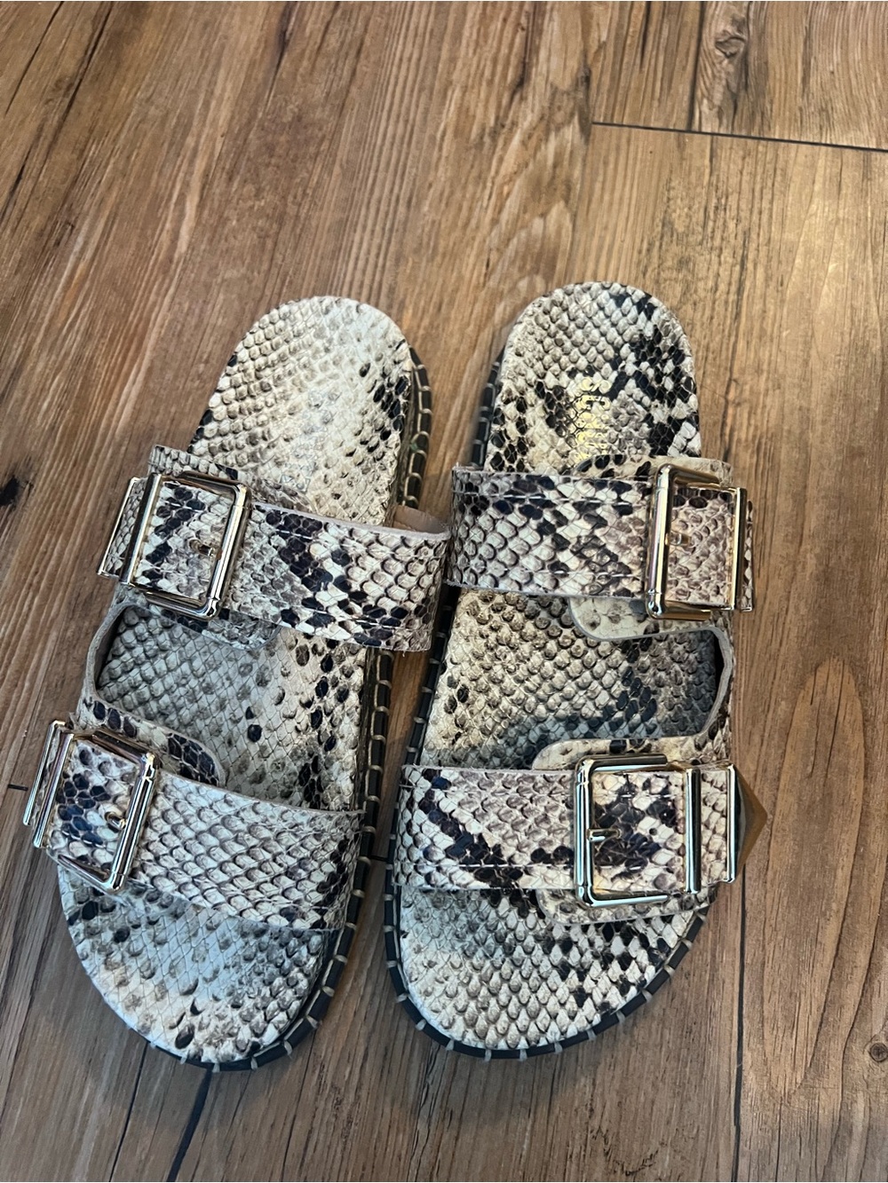 SCHUTZ Snake-Print Double Buckle Slide Sandals in Black and Cream